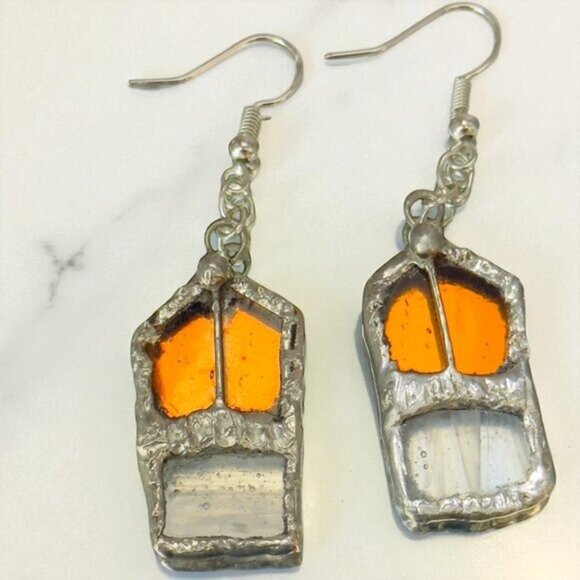 Amber & Clear Stained Glass Dangle Artisan Earrings W/ Silver Solder & 925 Hooks - Picture 10 of 16